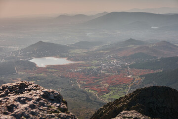 Obraz premium La Maliciosa, La Bola del Mundo, Navacerrada, La Pedriza, El Yelmo and the oak forests in autumn in the Sierra de Guadarrama National Park. Madrid's community. Spain