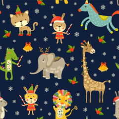 Merry Christmas Seamless background with cartoon happy animals icons. Seamless Christmas baby pattern with lion, giraffe, elephant, crocodile. Vector illustration with wild animals x-mas for kids.