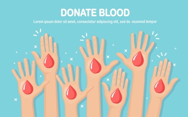 Fototapeta premium Red blood drop in hands isolated on white background. Donation, transfusion in medicine laboratory concept. Save patient life. Vector flat design