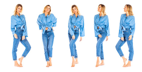 Fototapeta premium Portrait of blonde woman in blue jeans and shirt isolated on white background