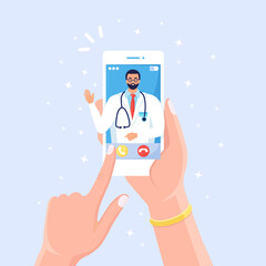 Online doctor. Virtual medicine. Using mobile app for call to physician. Ask medic. Health consultation, diagnosis. Hand hold cellphone isolated on white background. Vector cartoon design