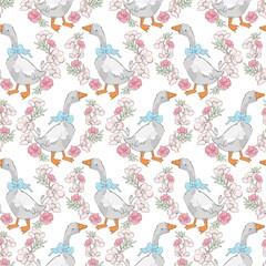 Seamless pattern hand drawn cute goose and flowers vector illustration Print design for textiles