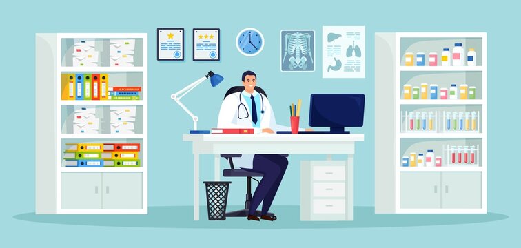 Doctor man sits by table in hospital medical office. Physician waiting for the patient at the desk. Clinic appointment. Vector cartoon design