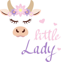 A cow's face with flowers on its head and a hand-lettered Little lady. Vector image suitable for plotter cutting