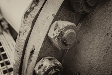Bolted pipe connection on the gas main pipeline. Fragment of a flange connection.