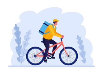 Free fast delivery service by bicycle. Courier delivers food order. Man travels with a parcel. Online package tracking. Express shipping.