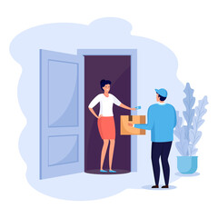 Obraz na płótnie Canvas Guy delivers parcel to home door. Fast delivery service. Woman receives order cardboard box from the courier. Express shipping. Vectoor cartoon design