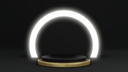 3d rendering of black background with product stand glow light ring and gold