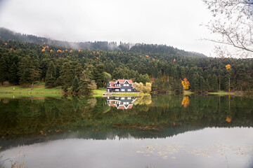 Autumn wooden Lake house inside forest in Bolu Golcuk National Park