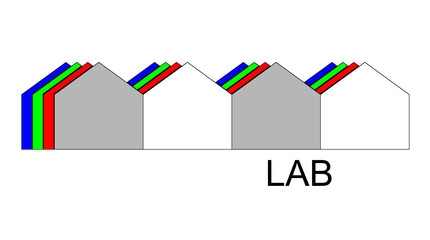 laboratory logo, workshop space, in 3D form, with multicolored linear elements, symbol for box, office, house, room. Background of panels with the colors blue green and red, primary and secondary.