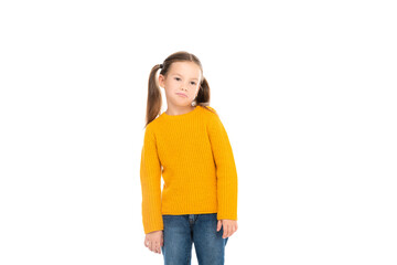 Fototapeta premium Sad kid looking away isolated on white