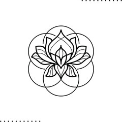 Lotus flower and the seed of life sacred geometry sign, vector outline illustration in black and white