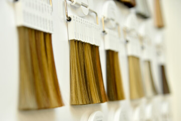 Fototapeta na wymiar Lock hair extension, color palette samples from blond to black, hair colors set