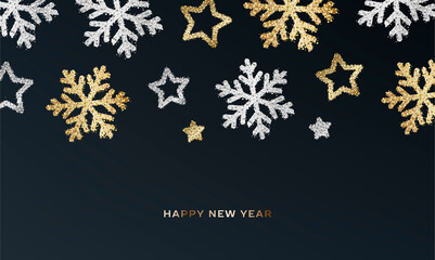 Background with silver and golden metal particles forming shiny shapes of snowflakes and stars on dark night sky