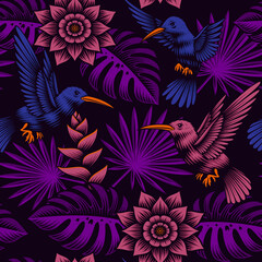 A tropical seamless pattern with beautiful exotic flowers and birds, this design can be used as a fabric print as well as for many other uses.