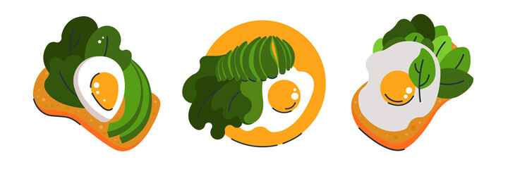 Breakfast with eggs, toast, herbs, avocado. Vector illustration.
