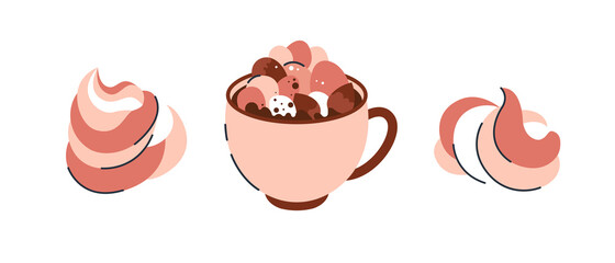 Cup of coffee with marshmallows. Cozy winter drink. Vector illustration.