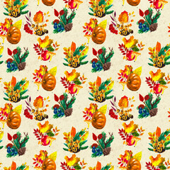 Autumn watercolor hand drawn seamless pattern with leaves mushrooms and pine cones