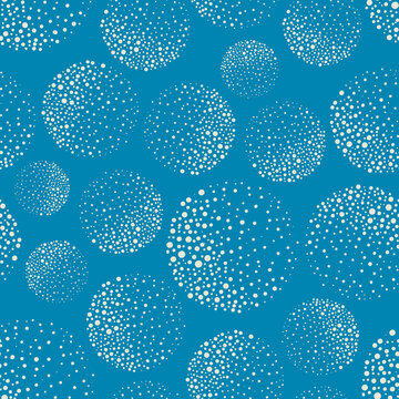 Abstract white dotted circles with texture shading effect. Seamless vector pattern on aqua blue background. Round spheres backdrop with handcrafted elements. Repeat for wellbeing, spa, beach products