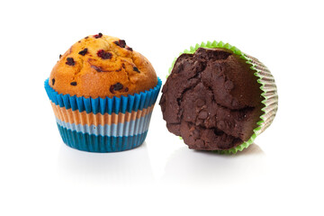 Cranberry and chocolate chip muffins/cupcakes in color striped moulds. Studio photo isolated on white.