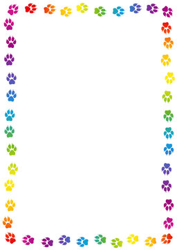Dogs paw print frame. Rainbow colored dog track, colorful footprints. Isolated vector illustration on white background.
