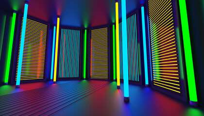 Neon glow party room abstract background. Night club interior. Glowing wall panels. 3d render.