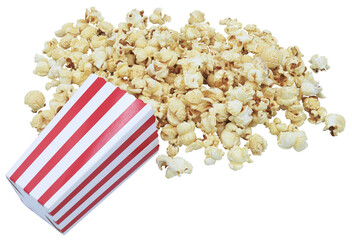 Popcorn in red and white classic box splashing out of the box that isolated in a striped bucket on a white background