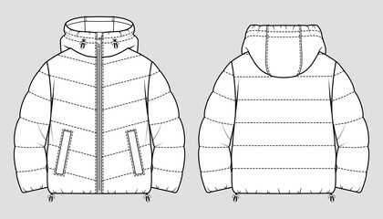 Cropped puffer winter down coat. Women oversized quilting jacket. Vector technical sketch. Mockup template.