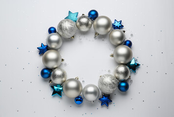 Beautiful festive wreath made of different Christmas balls on white background, top view