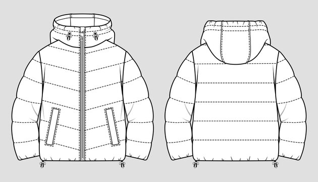 Cropped Puffer Winter Down Coat. Women Oversized Quilting Jacket. Vector Technical Sketch. Mockup Template.