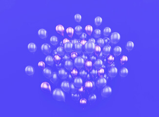 many flying shiny balloons on blue background, 3d render