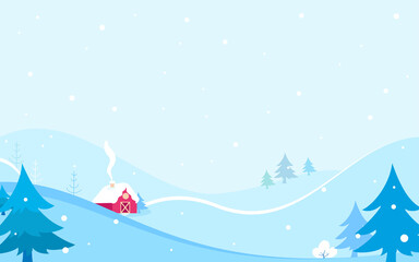 Winter landscape vector illustration. Red cabin in the snow with copy space