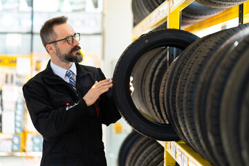 Mechanic man with car tires at service station. Male mechanic holding car tire in automobile store...