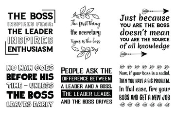 Set of Calligraphy sayings for print. Vector Quotes about Boss, Team leader