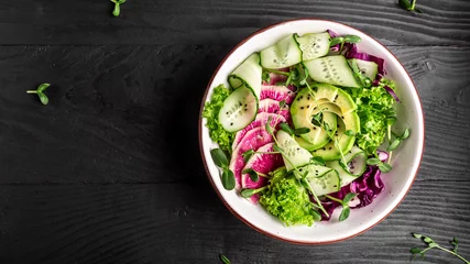 Rolgordijnen healthy vegan food. watermelon radish, avocado, lettuce, microgreen cucumber and radish salad on white plate. top view, Long banner format © Надія Коваль