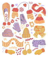 Warm mittens, scarves, hats flat hand drawn vector illustrations. Colorful collection in scandinavian style. Cozy winter clothes simple elements set. For design, prints, decor, card, sticker, banner.