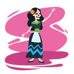 dia de los muertos celebration card with female skeleton