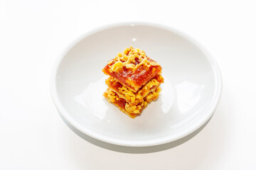 Pie with Apple jam and shortbread layers on a white background. Holiday cake is delicious and healthy
