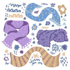 Warm scarves and abstract shape flat hand drawn vector illustration. Colorful collection in scandinavian style. Cozy winter clothes simple elements set. For design, print, decor, card, sticker, banner