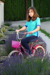 Girl on a bike near lavender
