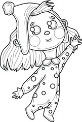 Cartoon girl in hat and pajamas sketch template. Vector illustration in black and white for games, background, pattern, decor. Children's story book, fairytail, coloring paper, page. Print for fabrics