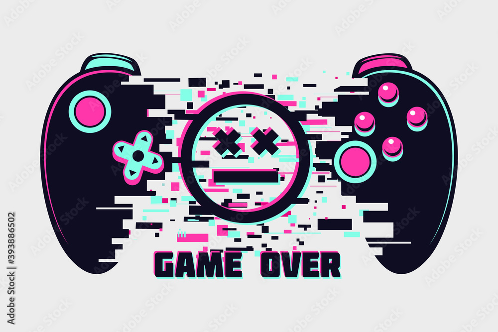 Wall mural Video game gamepad with glitch effect. Cyberpunk style illustration. Virtual reality concept. Cyber sport online tournament. Vector illustration.