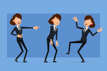 Fototapeta premium Cartoon flat funny business woman character in black suit with black tie. Girl sad, tired, laughing and dancing or jumping. Ready for animation. Isolated on blue background. Vector set.