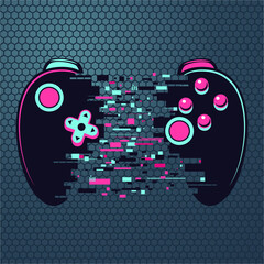 Video game gamepad with glitch effect. Cyberpunk style illustration. Virtual reality concept. Cyber sport online tournament. Vector illustration.