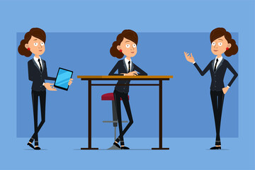 Fototapeta premium Cartoon flat funny business woman character in black suit with black tie. Girl resting, posing and holding smart tablet. Ready for animation. Isolated on blue background. Vector set.
