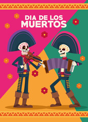 dia de los muertos celebration card with skeletons mariachis and flowers
