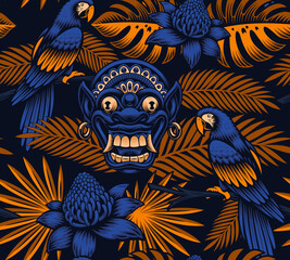 Obraz premium Tropical seamless background with beautiful exotic birds and flowers. This design can be used as a perfect print for fabric as well as a design for surfboards.
