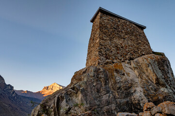 View of medieval Tower Fortress Amirkhan-Kala in Northern Caucasus, Russia
