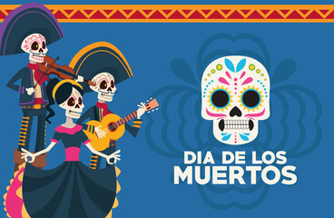 dia de los muertos celebration card with skeletons group and skull painted