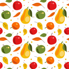 Seamless Pattern of Fruits and Autumn Leaves